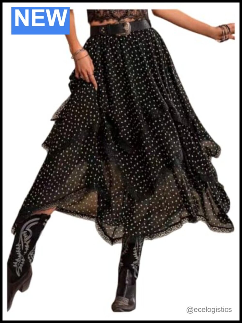 Polka Dot Maxi Skirt with Ruffled Hem and Lace Trim High Waist Flowy A-Line